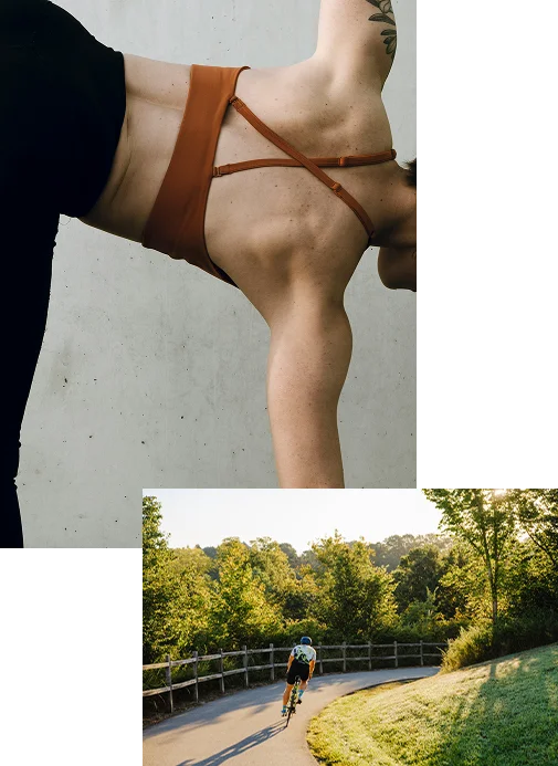 Resident practicing yoga and cycling outdoors near The Lanes modern home for sales in Nashville.